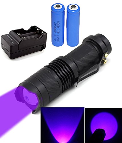 BestFire Mini 3 Modes 395-410nm UV-Ultraviolet Led Blacklight Flashlight Zoom UV Ultraviolet Blacklight Flashlight Torch with Features Scorpion Detector with 2pcs 2000mah 14500 Batteries and Charger