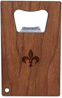 WOODEN ACCESSORIES COMPANY Credit Card Sized Bottle Opener With Laser Engraved Fleur De Lis Design- Stainless Steel Bottle Opener With Wooden Front Panel - Slim And Wallet Size