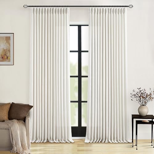 Natural Cream Pinch Pleated Linen Curtains 92 Inches Long for Living Dining Room Bedroom Thick Linen Pinch Pleat with Hooks Rings Back Tab Light Filtering Boho Farmhouse Semi Sheer 92 Inch Curtain