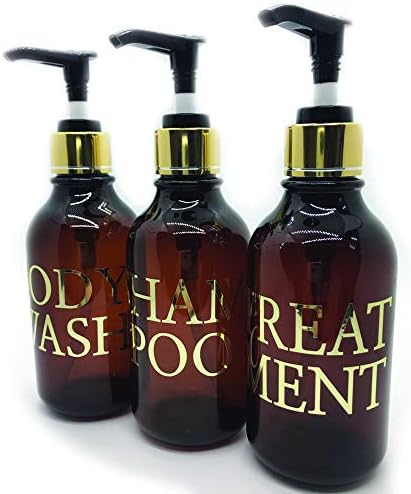 Gold Shower Refillable Empty Containers Dispenser Pump Plastic Bottles for Shampoo,Conditioner,Body wash, for Bathroom 3 Packs 17.5 Oz (Brown, 6.7 oz)