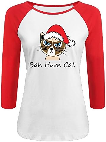 Women's Bah Hum Cat 100% Cotton 3/4 Sleeve Athletic Raglan Sleeves T-Shirt Red US Size M