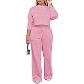 PINSV Women's 2 Piece Outfits Sweatsuit Set Long Sleeve Crop Top Drawstring Wide Leg Pants with Pockets Tracksuits Casual Set
