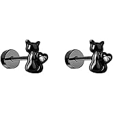 18g Black Cat Small Stud Earrings for Women Cute Stainless Steel Animal CZ Heart Flat Screw Back Catilage Piercing Sleeper Studs Hypoallergenic Fashion Jewelry for Daughter Her