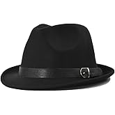Black Classic Fedora Hat with Belt Buckle Felt Panama Short Brim Trilby Jazz Cap for Men Women Wedding Party Show Head Circumference 58cm/22.83inch
