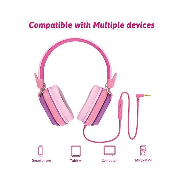 Kids-Headphones-Riwbox-CS6-Lightweight-Foldable-Stereo-Headphones-Over-Ear-Corded-Headset-Sharing-Function-with-Mic-and-Volume-Control-Compatible-with-iPadiPhonePCKindleTablet-PurplePink Riwbox Kids Headphones, CS6 Lightweight Foldable Stereo Headphones Over Ear Corded Headset Sharing Function with Mic and…
