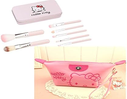DEVALI Hello Kitty Gift Set | Hello Kitty 7 Makeup Brushes Set | Hello Kitty Makeup Pouch Bag (Light Pink)
