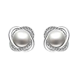 Womens Twist Simulated Pearl CZ Stud Earrings 18K Gold Plated