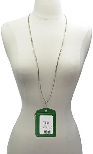 Cavelio ID Lanyard Leather Badge Holder with Chain Neck Strap (Green)
