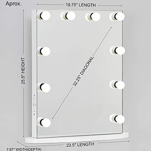 MissMii Flameless Hollywood Lighted Makeup Vanity Mirror with Lights,Tabletop or Wall Mirrors for Bedroom,Professional Illuminated Cosmetic Mirror LED Dimmable Light Bulbs (White, 19.7''(W)x25.6''(H))