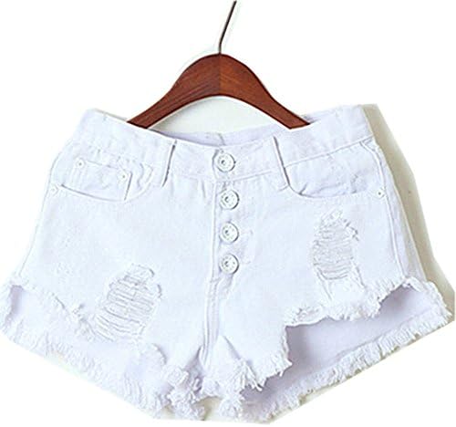 AORAEM Lady Women's Punk Rock Vintage Grunge Hole Water Wash Retro Shorts Jeans (L, White)