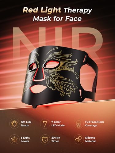 7-in-1 Red Light Therapy for Face & Neck, Skin-Friendly Silicone Red Light Therapy Mask with 324 LEDs, 5 Brightness Levels & 20 Mins Timer, Led Face Mask Light Therapy for Home & Travel