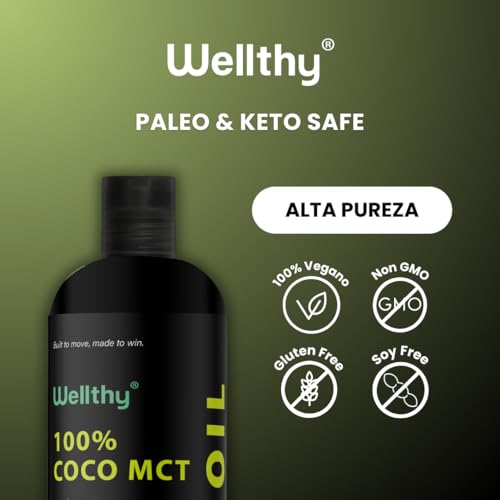 Wellthy MCT Oil 1L Aceite 100% Coco Natural. 66 Porciones, C8+C10 Alta Pureza, Keto y Paleo Safe, Sugar Free, Vegan, NON GMO, Gluten Free, Libre de Soya, Libre de Palma, Origen Filipino.