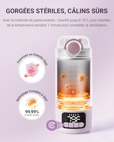 Comfyer Pro 2-in-1 Portable Bottle Warmer with Built-in Sterilizer, Fast Heating Milk & Water, 5 Smart Temperatures, Rechargeable 500 ml, Portable Travel Size