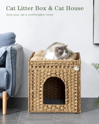 NIUB Cat Litter Box Enclosure Furniture, Hidden Litter Box with Mat and Fence, Handwoven Rattan Cat House with Two S-Shaped Hooks for Living Room, Bedroom, 18.5 x 20.5 x 19.1 Inches