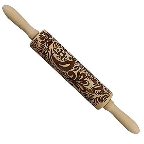 JOYRIOR Frosty Flowers Embossed Rolling Pin Christmas Embossing Rolling Pin Frosty Flowers Laser Engraved Rolling Pin Embossed Dough Roller