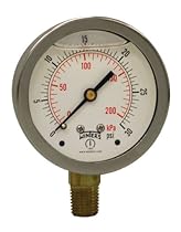Winters PFQ Series Stainless Steel 304 Dual Scale Liquid Filled Pressure Gauge with Brass Internals, 0-30 psi/kpa,2-1/2