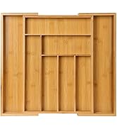 Bamboo Expandable Drawer Organizer for Utensils Holder, Adjustable Cutlery Tray, Wood Drawer Divi...