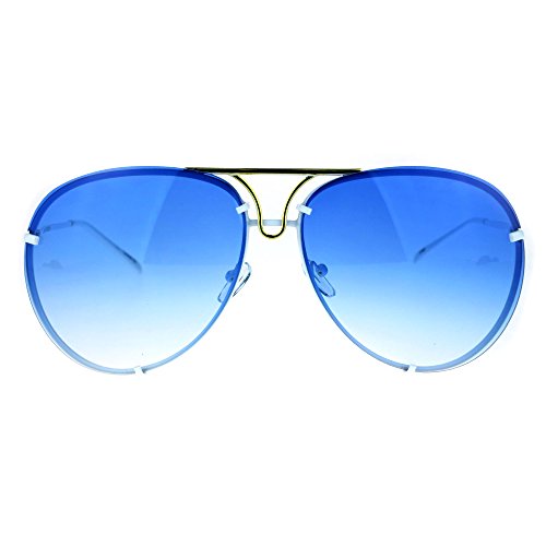 Oversized Round Aviator Sunglasses Metal Rims Behind Lens White, Blue