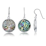Sterling Silver Natural Abalone Stone Tree of Life Circle Dangle Earrings