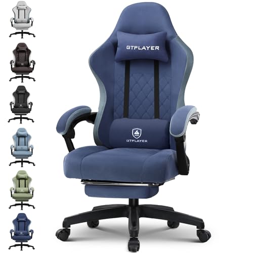 GTPLAYER Gaming Stuhl Ergonomischer Gaming Sessel Schreibtischstuhl mit Stoffoberfläche, Federsitzkissen, Verbindungsarmlehnen und Fußstütze 150KG, Du
