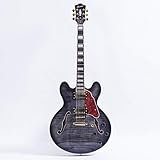 2019 NEW GROTE 335 style Jazz Electric Guitar Flame Maple top Semi-Hollow Body Gold Hardware (black)