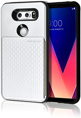 LG V30 Push Hidden Wallet Case [Card Slot] [Heavy Duty] [Slim Fit] [Textured Grip] Dual Layer Hybrid Tough Shield Front Screen Drop Protection Rubber Back Bumper Hard Holder Cover LGV30 (Silver)