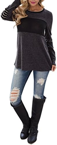 Women's Long Sleeve Casual T Shirts Color Block Elbow Patches Tops Blouse Shirt (M, Grey)