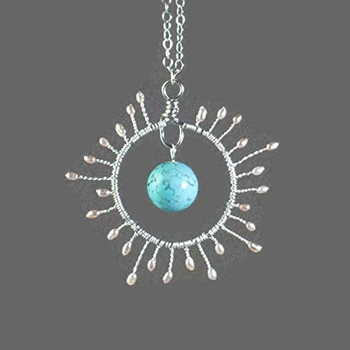 Silver Wire Wrapped Starburst Pendant Necklace with Pearl and Marcasite Handmade