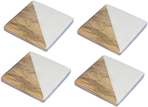 Marble &amp; Mango Wood Coasters – White Carrara Marble Stone Set of 4 Coasters for your Bar and Home Drinks