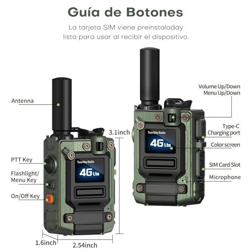 GORLDPTT Radios Walkie-Talkie Globales 4G PTT, Alcance Ilimitado, Tarjeta SIM Incluida, Radios Portátiles de Larga Distancia para Familia y Equipos de Trabajo (Green, 2-Pcs)
