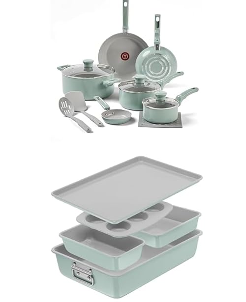 T-fal Refresh Ceramic Nonstick Mint Green 12 Piece Cookware Set + 5 Piece Bakeware Set.