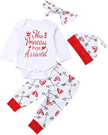 4Pcs Baby Girl Cotton Outfit Clothes Hello,I'm New here Print Jumpsuit Romper +Long Pants+Headbands+Hat Clothes Set(0-24M)