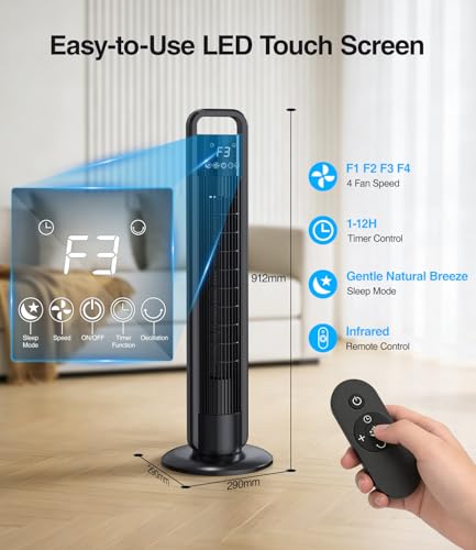 Ventilatore a Torre 91cm, Ventilatore a Piantana con 4 Velocità, Oscillazione 70°, Timer 1-12h, Telecomando 5m, Silenzioso (<60dB), LED Touch, Simula Vento Naturale – per Camera, Soggiorno, Ufficio