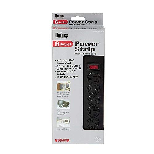 Uninex PS0812BK Flat Plug 6 AC Outlet Heavy Duty Power Strip with Twist Lock, 14/3 AWG, ABS, UL Listed, Black, 12-Foot - Thumbnail 2