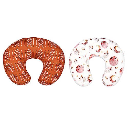 Jundetye 2 Pack Baby Nursing Pillow Cover, Removeable Breastfeeding Pillow Slipcover, Nursing Pillow Case for Newborn Boys Girls, Moon Star and Retro Orange