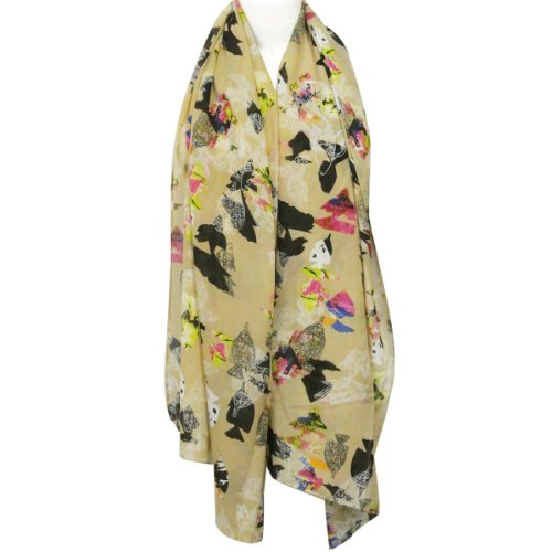 Wrapables Chiffon Under the Sea Fish Pattern Long Scarf, Khaki