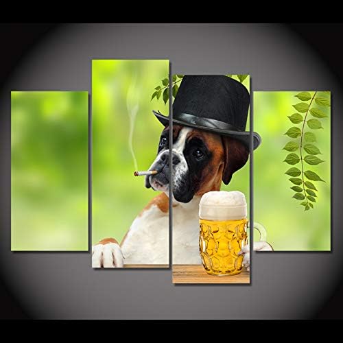 JFSJDF Poster Wall Art Living Room Printed Pictures 4 Panel Smoking Drinking Funny Dog Modern Hd Home Decor Canvas Painting