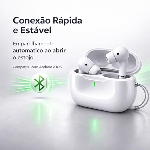 Fone de Ouvido Bluetooth 5.4 TWS Branco Sem Fio com Microfone, Controle Touch, Intra Auricular com Redução de Ruído, Estojo USB-C, Até 16h, Android e iPhone