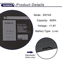 SUNNEAR 0G74G Laptop Battery Replacement for Dell