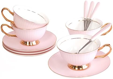 NDHT Set of 4 Bone China Teacups/Coffee Cups & Saucers Sets with Spoons-10.2Oz, for Home, Restaurants, Display & Holiday Gift for Family or Friends,Pink,With Two Gift Boxes