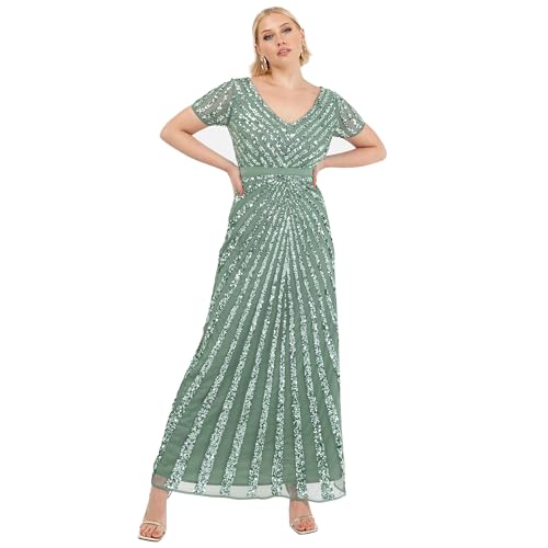 Maya Deluxe Womens Maxi Ladies Embellished Sequin Long Short Sleeve V Neck High Empire Waist Cut Shiny Prom Wedding Bridesmaid Dress Deep Mint Size 6