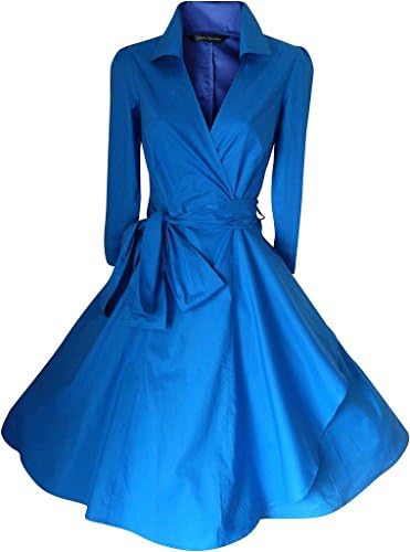 GSHappyGo Women's Solid V-Neck Bowknot Belted Trench Coat Long Sleeve Dress Blue US 6-10