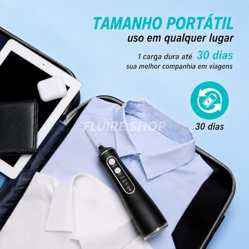 Irrigador Oral & Bucal Portátil Recarregável -Tanque 300ml - Limpeza Profunda com 4 Níveis de Pressão, 4 Ponteiras, À Prova d’Água - Jato Dental Ideal para Aparelhos Ortodônticos, Implantes e Gengivas
