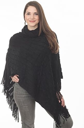 Ruffle Trim Knit Poncho-like Shawl Wrap. 44"x78". one Piece. (Turtleneck Black)