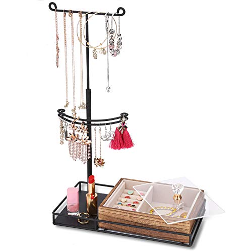 Keebofly Jewelry Organizer Stand Metal & Multifunctional & Large Storage Box, Jewelry Holder for Necklaces Bracelet Earrings Ring (Carbonized Black)