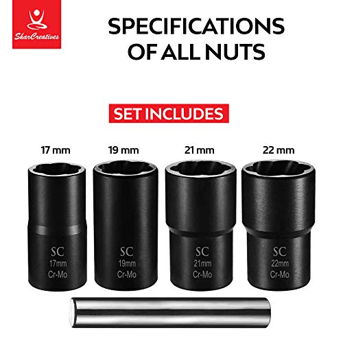 SharCreatives Metric Twist Socket Set 5 pieces Lug Nut Extractor and