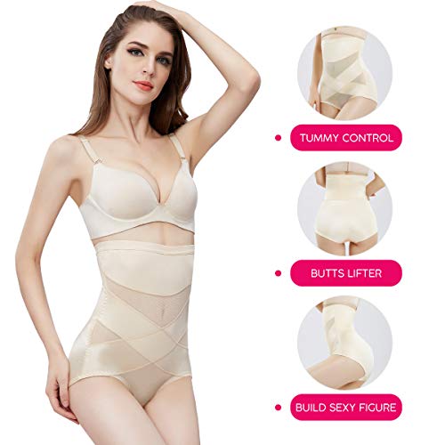 PAUKEE Shapewear for Women Hi-Waist Brief Tummy Control Underwear Slimmer Body Shaper Butt Lifter Panty Girdle (Beige, XL=8-10)