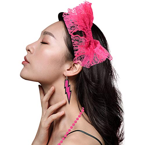 Yolyoo 80s Women's Costume Accessories Set Headband Earrings Fishnet Gloves Leg Warmers Necklace Bracelet for Women 80s Party Rose Red - Thumbnail 4