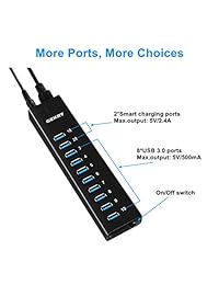 GEKRY Hub USB 3.0 de 10 puertos de aluminio con 8 puertos USB 3.0, 2 puertos de carga inteligentes, adaptador de alimentación de 36 W, cable de datos de 36.0 in