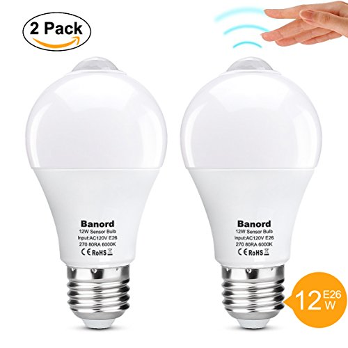 Banord 12W Motion LED Lights Bulb,E26 A60 Motion Activated LED Bulb Outdoor/Indoor LED Night Light Bulb for Front Door Garage Basement Hallway Stairs Carport(800lm Cold White 2pack)